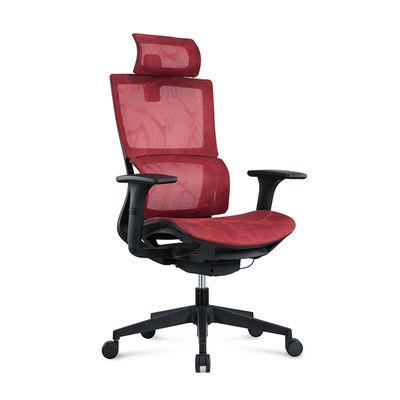 Sedia da ufficio in rete con corpo in nylon rosso con bracciolo sollevabile 3D e superficie del bracciolo in PU e poggiatesta regolabile